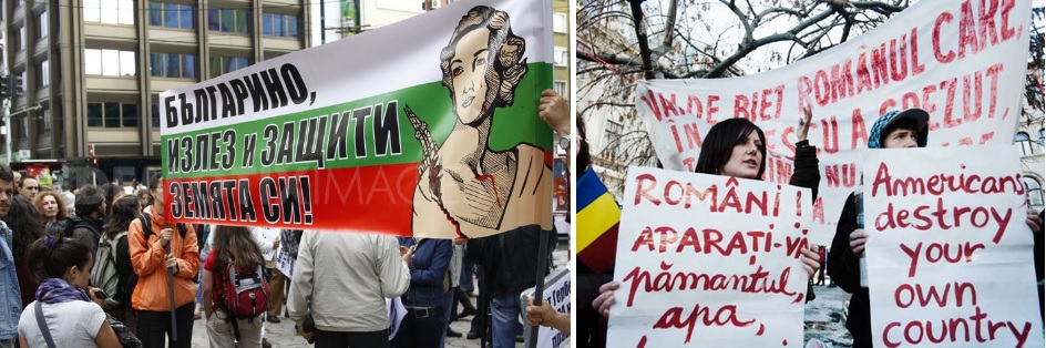 Pancarta: "Bulgari, veniți să vă protejați țara" Protest împotriva gazelor de șist în Sofia, mai 2012.