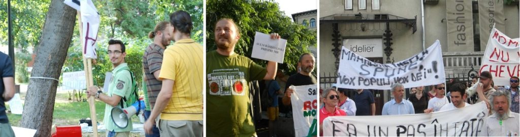 Vlad Ioachimescu, protestatar bun la toate, alături de Alexandru Alexe, Mircea Toma (ActiveWatch) și în dreapta, seniorii, vedetele Antena3, nelipsiți de pe scările TNB. Trei ipoztaze, impostaze civice, evident.
